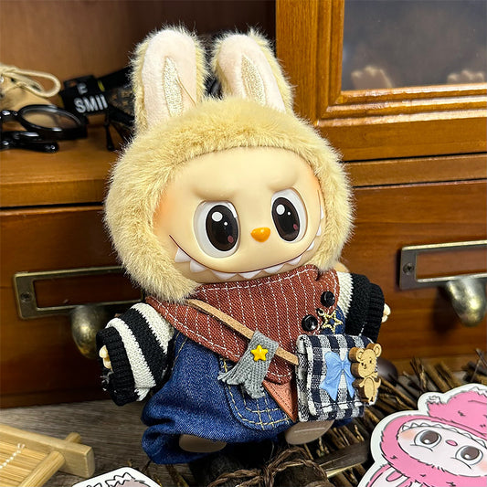 【Doll Clothes Only】Blue Happy Mouse Labubu Clothing 3-Piece Set
