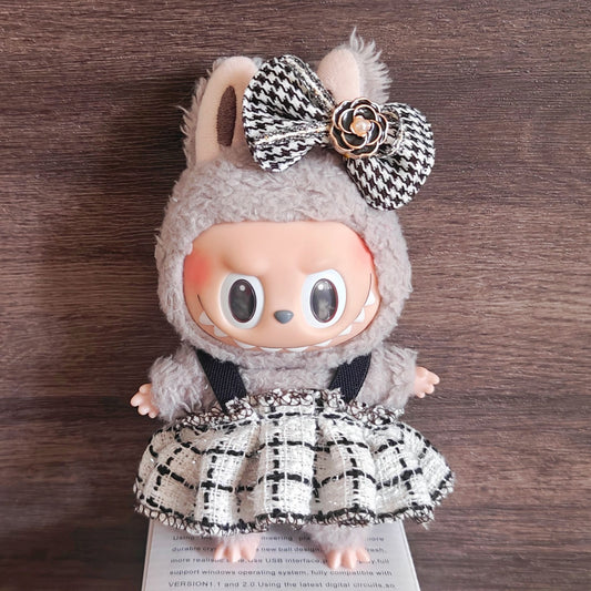 【Doll Clothes Only】Black and White Checked Skirt Labubu Clothing 2-Piece Set