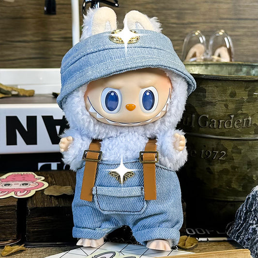 【Doll Clothes Only】 Fisherman Blue Hat Labubu Clothing 2-Piece Set