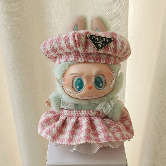 【Doll Clothes Only】Pink Checker Pattern  Labubu Clothing 2-Piece Set