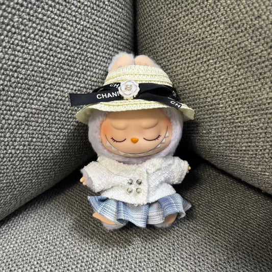 【Doll Clothes Only】 White Checked Pattern Labubu Clothing 2-Piece Set